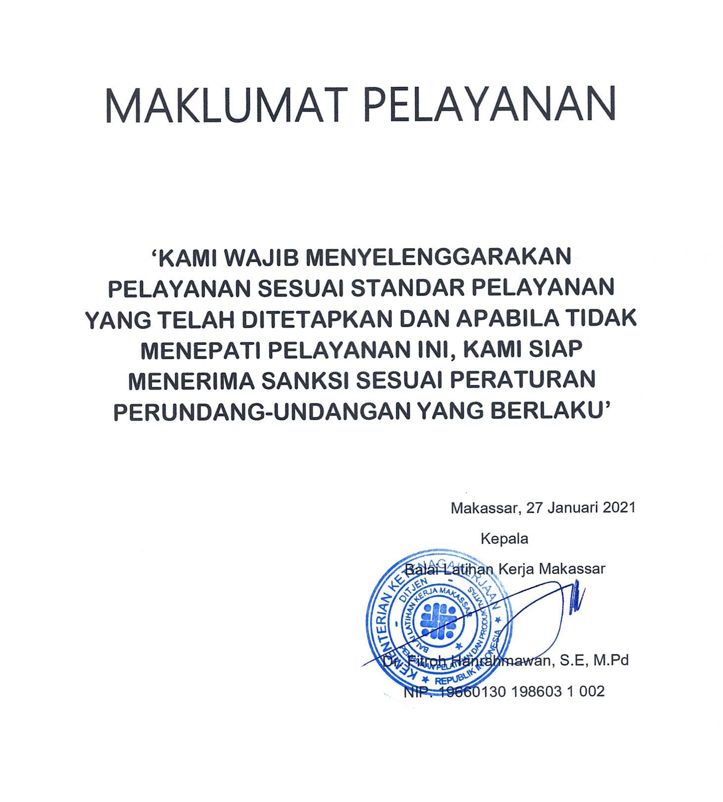 Maklumat Pelayanan Bbpvp Makassar Balai Besar Pelatihan Vokasi Dan